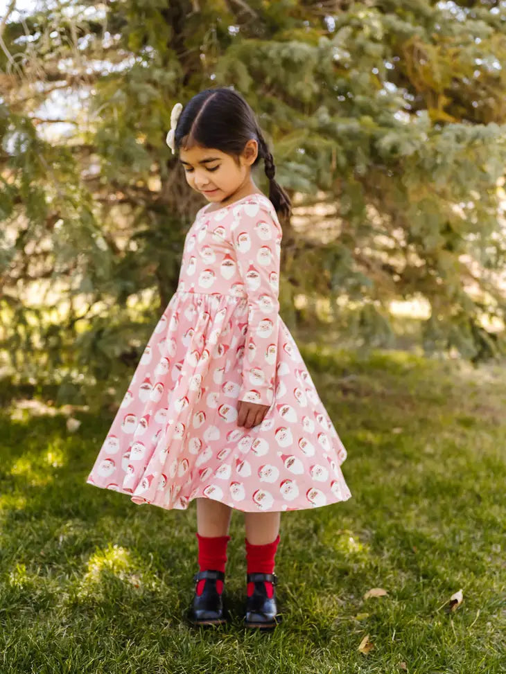 Long Sleeve Dress | Gwendolyn Dress In Pink Santa Print | Ollie Jay - The Ridge Kids