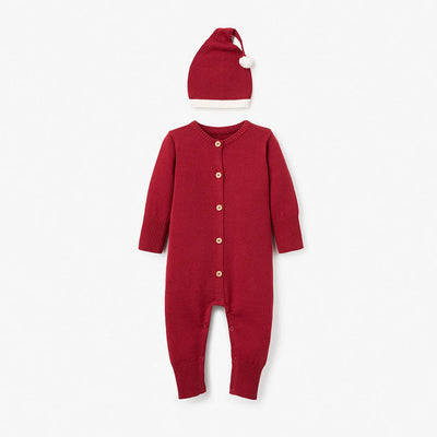 Holiday Baby One Piece Knit | Red Santa Baby Jumpsuit with Hat | Elegant Baby - The Ridge Kids