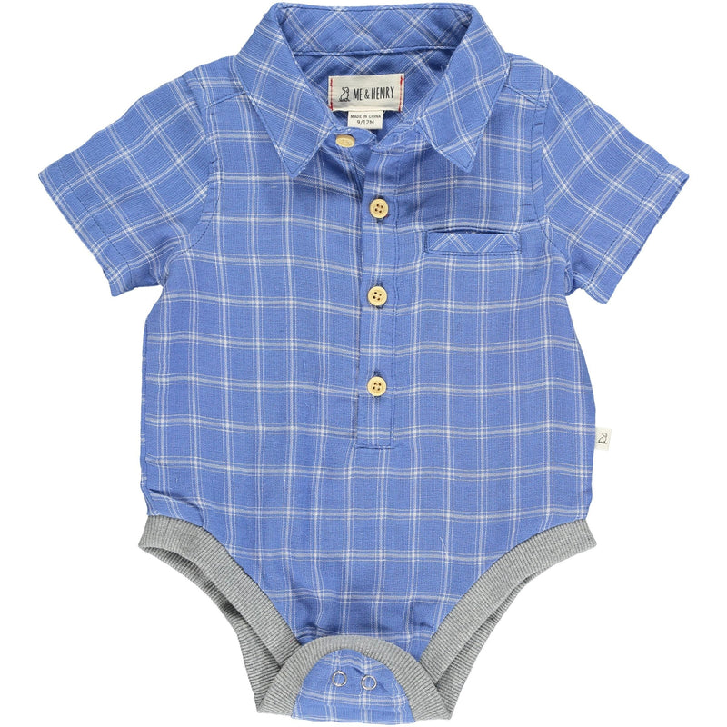 Baby Boy Helford Cotton Collared Onesie | Blue/White Gauze Plaid | Me and Henry