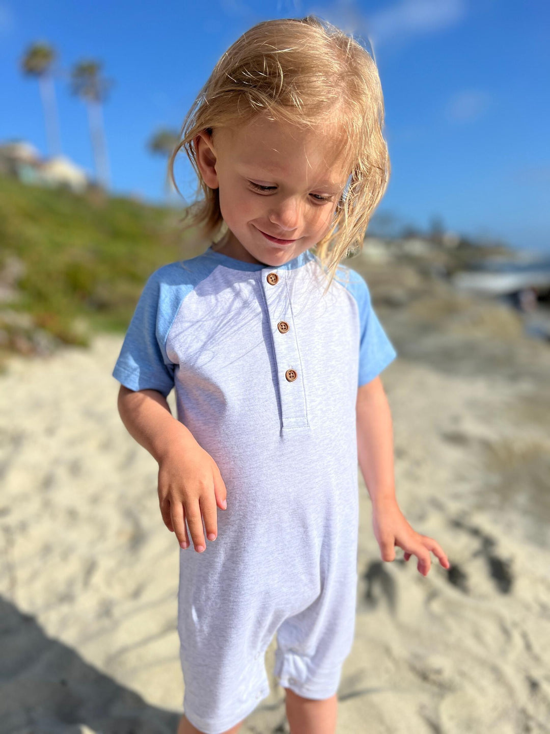 Baby Boy Aflot Raglan Henley Romper | Grey/Navy | Me and Henry - The Ridge Kids