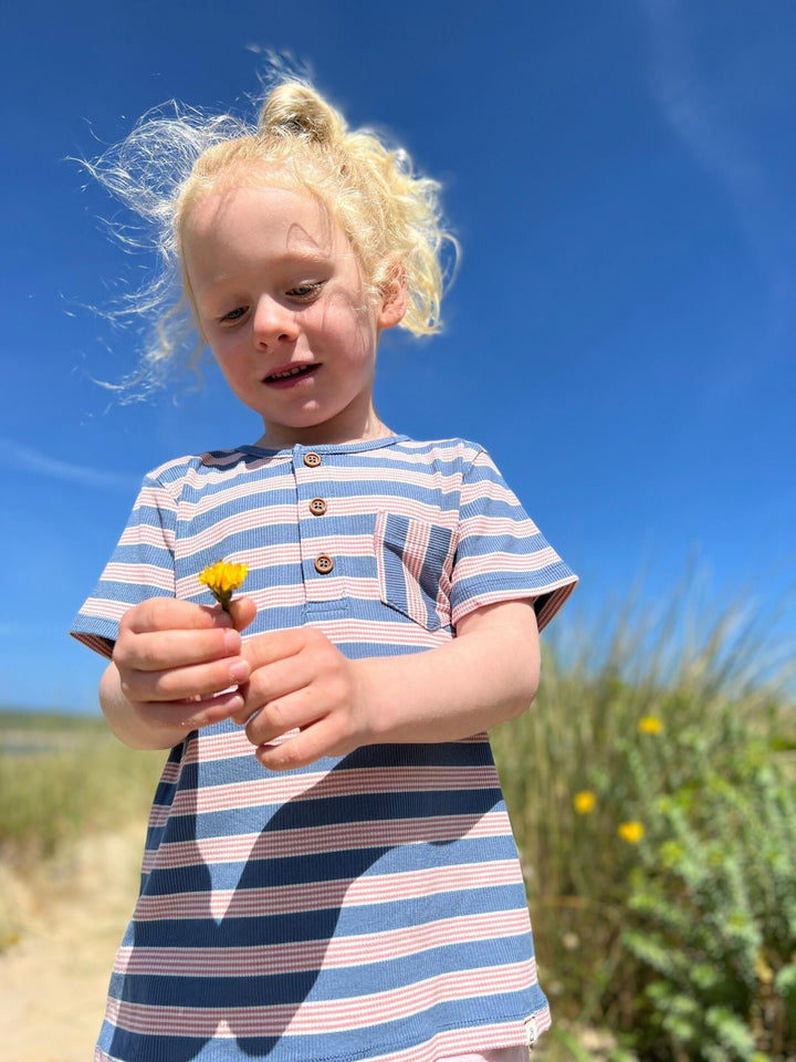 Unisex Dodger Striped Henley T-Shirt | Blue/Pink Stripe | Me and Henry - The Ridge Kids