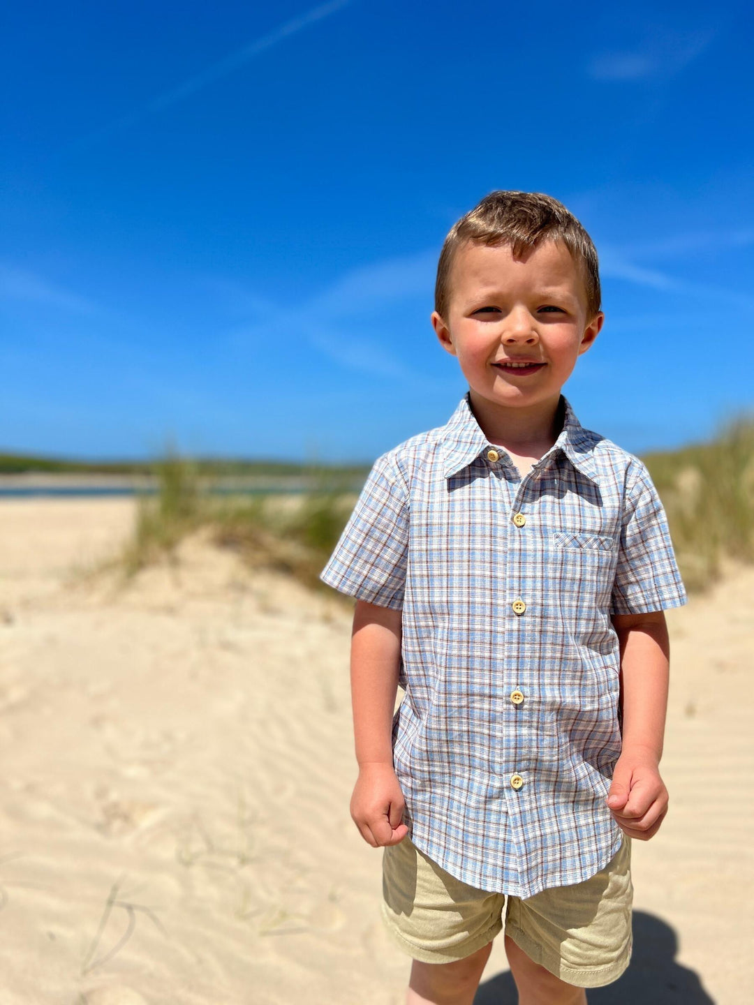 Boys Newport Short Sleeved Shirt | Grey/ Navy thin stripe | Me and Henry - The Ridge Kids