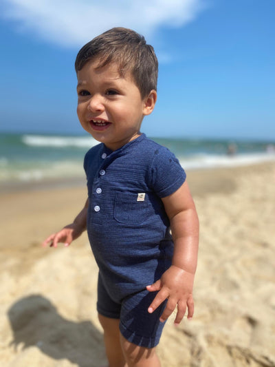 Baby Boy Camborne Henley Romper | Navy Ribbed | Me and Henry - The Ridge Kids