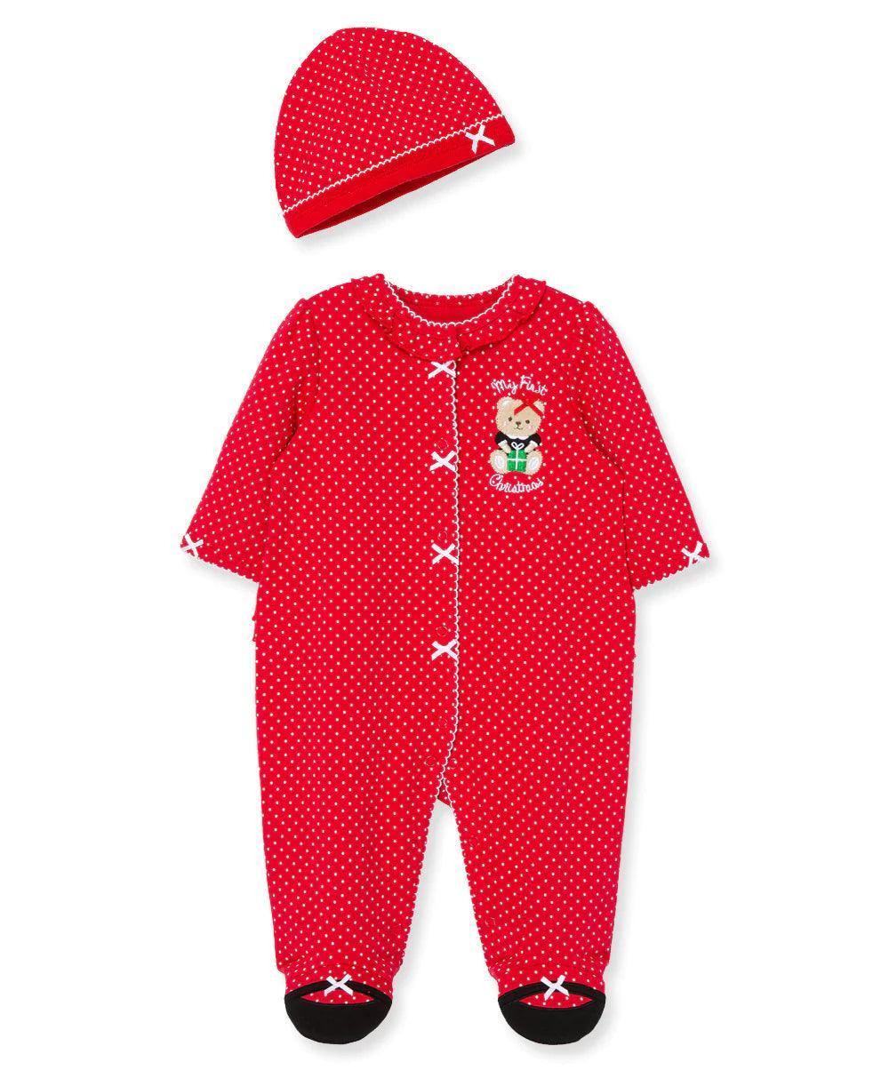 Footed Onesie and Hat Set | Baby Girl First Christmas With Bear and Ruffle Details | Little Me - The Ridge Kids