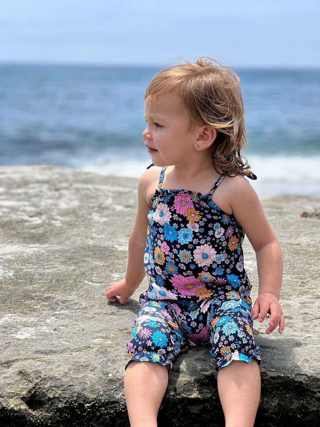 Girls Cotton Vivi Romper | Black Retro Floral | Vignette - The Ridge Kids