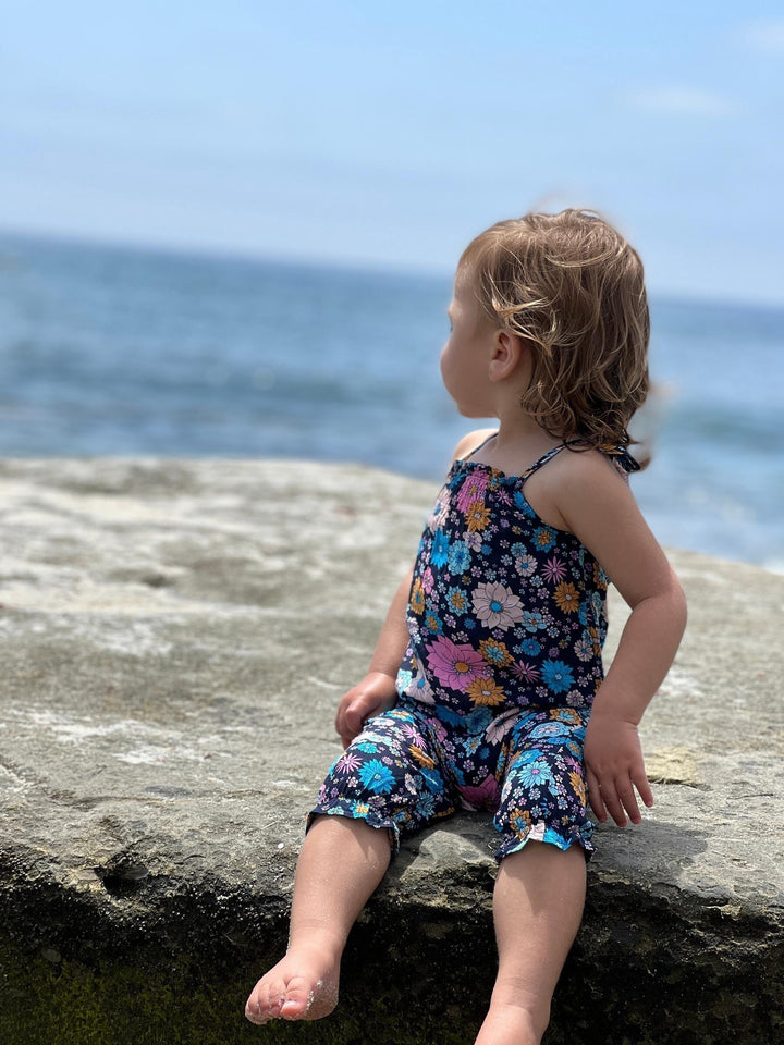 Girls Cotton Vivi Romper | Black Retro Floral | Vignette - The Ridge Kids