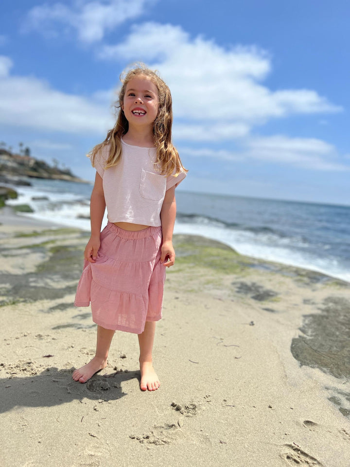 Girls Cotton Kassie Striped T-Shirt | White/Pink Rib Stripe | Vignette - The Ridge Kids