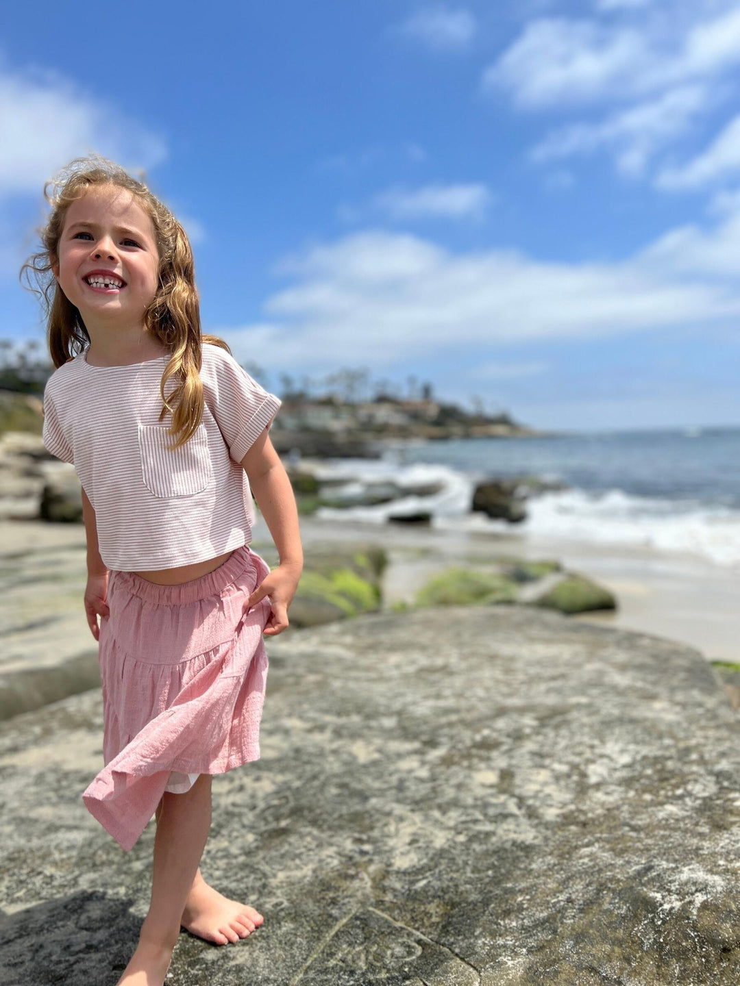 Girls Cotton Kassie Striped T-Shirt | White/Pink Rib Stripe | Vignette - The Ridge Kids