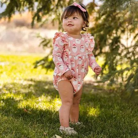 Long Sleeve Romper | Leah Romper Pink Santa Print | Ollie Jay - The Ridge Kids