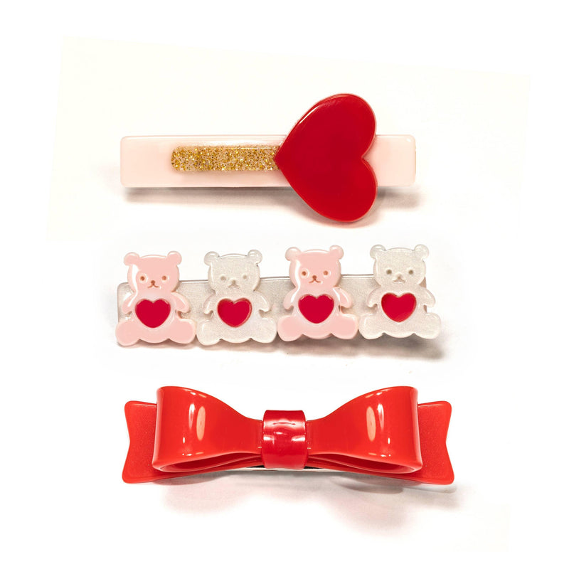 Alligator Clips | Valentines -Cute Bear Trio- Red | Lilies and Roses - The Ridge Kids