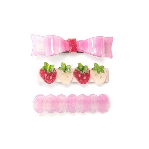 Alligator Hair Clips | Pink checked bow + Strawberries Set of 3 | Lilies and Roses NY - The Ridge Kids