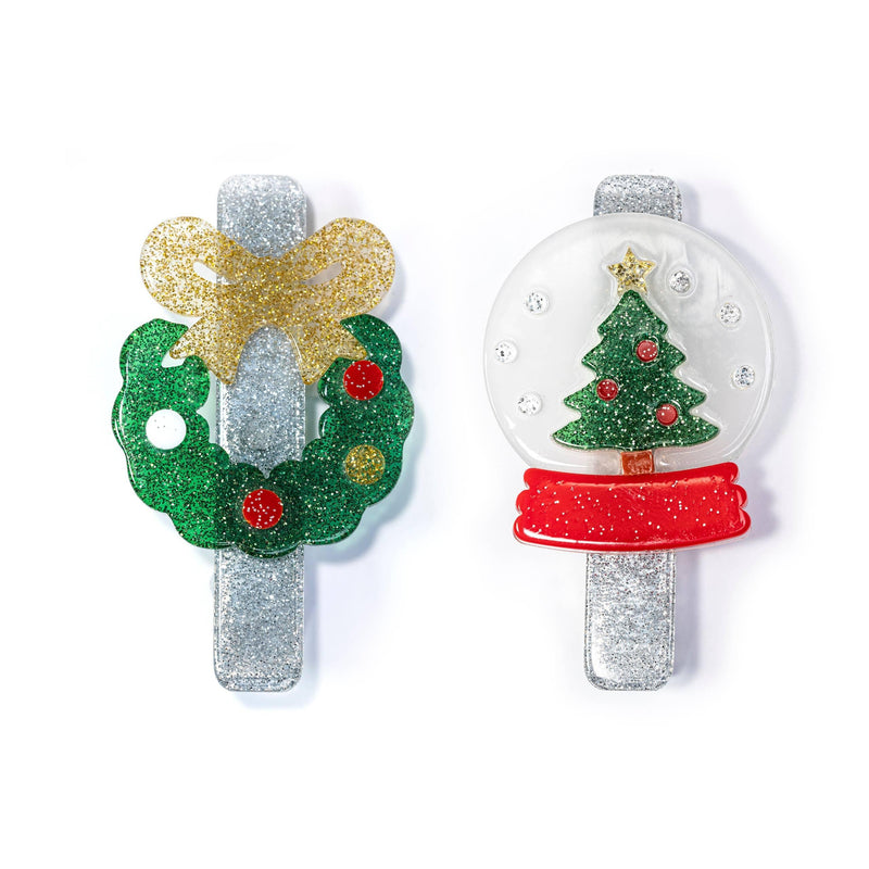 Alligator hair Clips Set | Holiday Christmas Wreath and Snow Globe | Lilies & Roses NY - The Ridge Kids