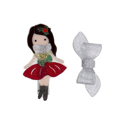 Alligator Hair Clips Set | Holiday Party Girl with Silver Glitter Bow | Lilies & Roses NY - The Ridge Kids