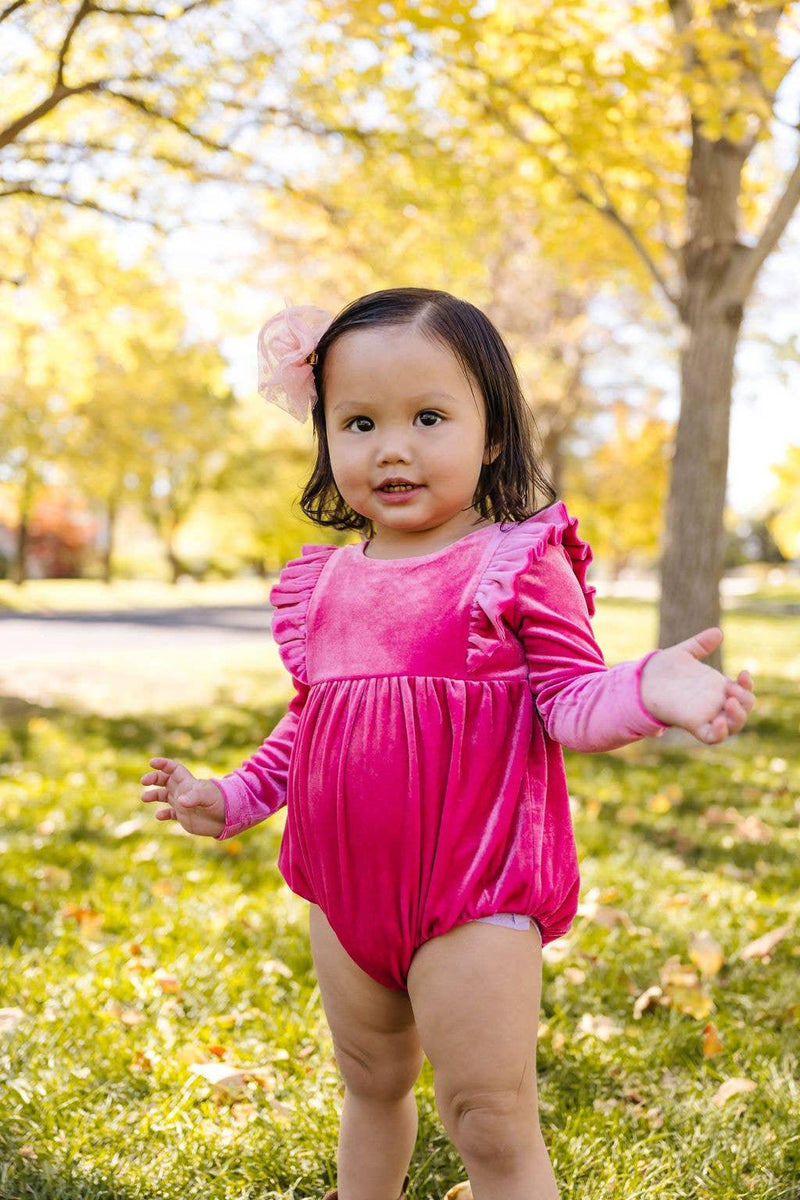 Baby Girl Bubble | Leah Romper- Hot Pink Velvet | Ollie Jay - The Ridge Kids