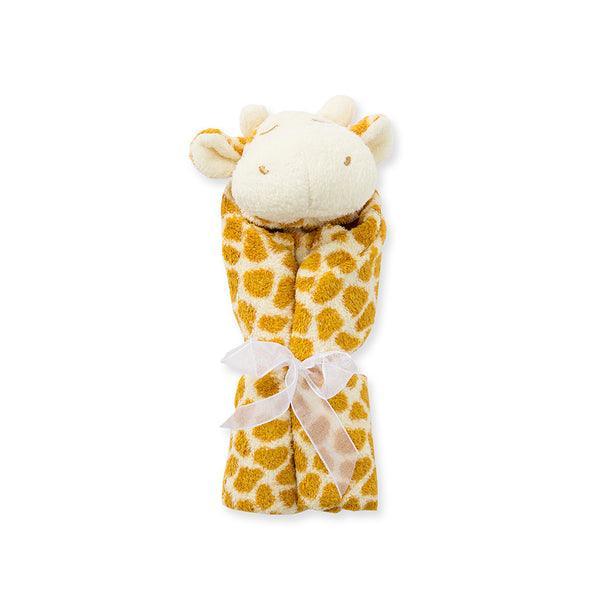 giraffe blankie soother for babies. giraffe head attached to small blanket for babies to cuddle