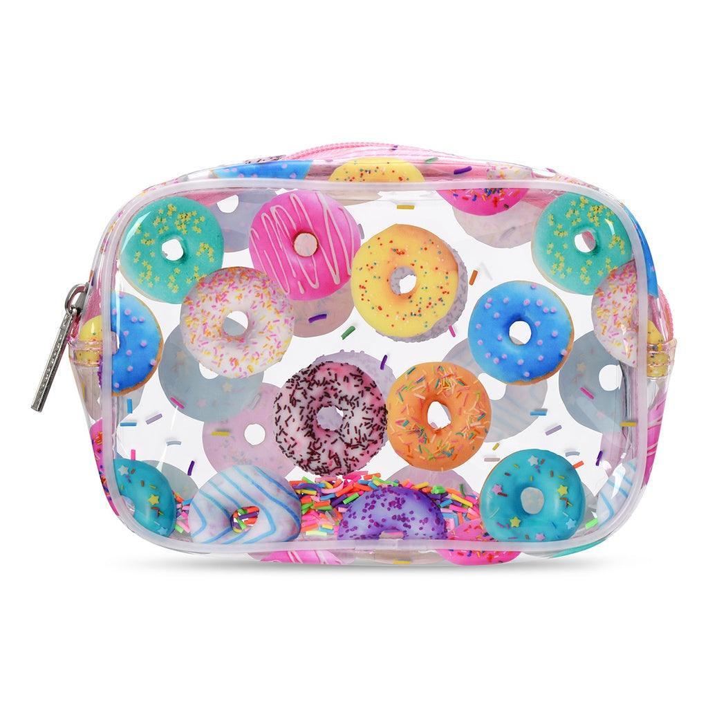 Plastic cosmetic bag with multi color donuts all over 