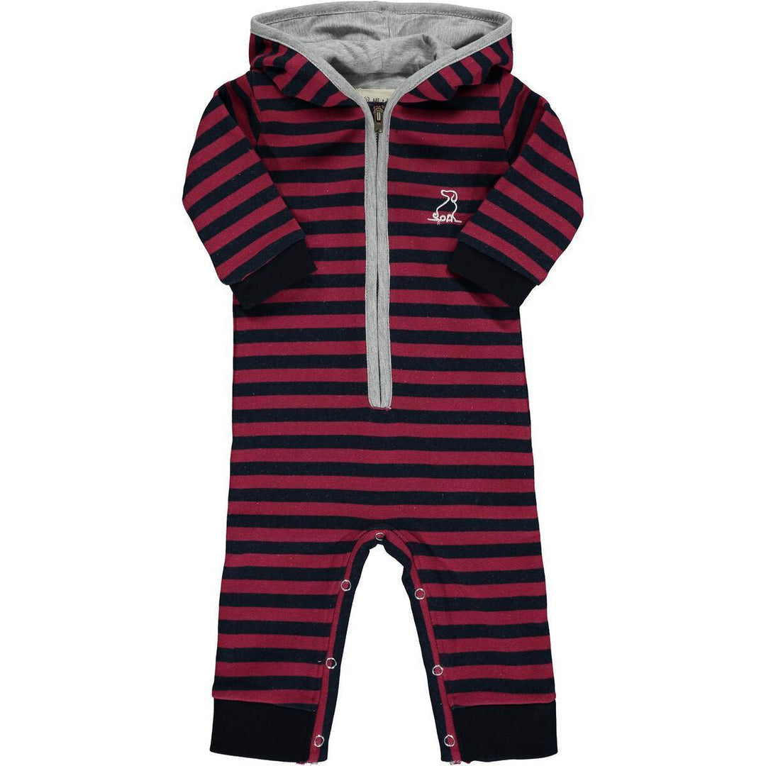 Cotton Hooded Romper | Blaine Burgundy Stripe | Me and Henry - The Ridge Kids