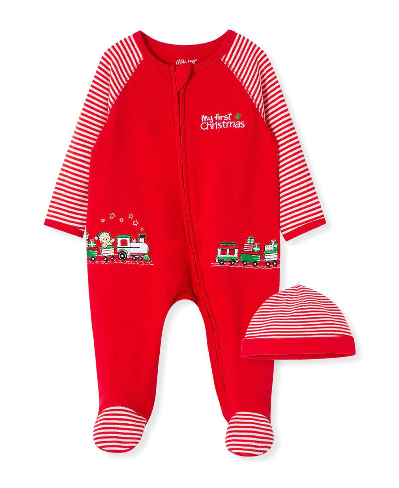 Footed Onesie and Hat Set | Babies First Christmas Holiday Train Pattern | Little Me - The Ridge Kids