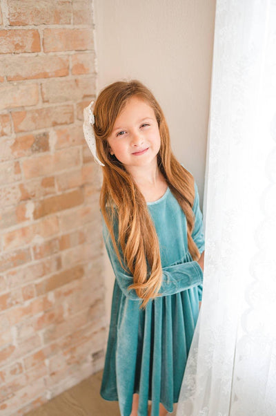 Girls Dress | Gwendolyn- Aspen Blue Velvet | Ollie Jay - The Ridge Kids