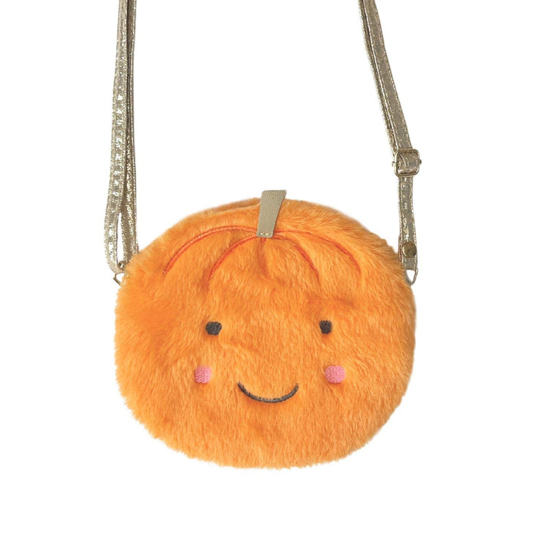 fuzzy handbag orange pumpkin with gold strap and happy face on the pumpkin