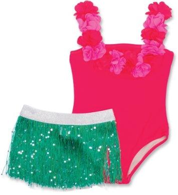 Girls Swim One Piece | Hula with Fringe Skirt- poppy | Shade Critters - The Ridge Kids