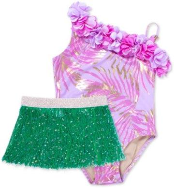 Girls Swim One Piece| Hula Girl with Fringe Skirt - Metallic Palm | Shade Critters - The Ridge Kids