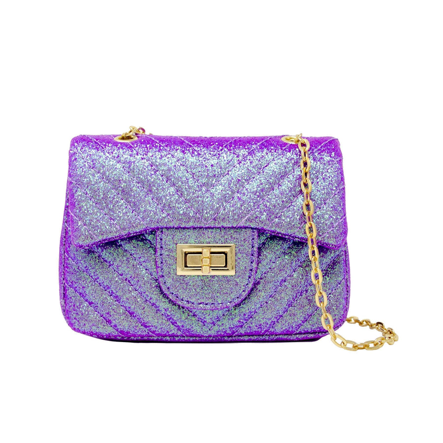purple glitter handbag with gold link chain