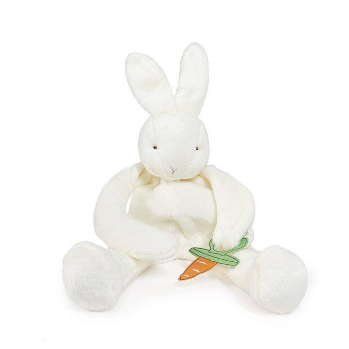 plush white bunny with velcro t the hand that would hold the pacifies for while the baby holds the bunny
