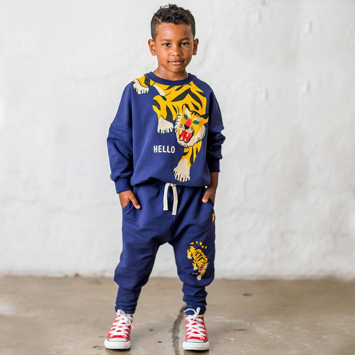 Hello Tiger Cotton Sweatshirt | Tiger Print Navy | Rock Your Baby - The Ridge Kids