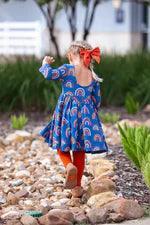 3/4 Sleeve Twirl Dress | Navy Rainbow | Ollie Jay - The Ridge Kids