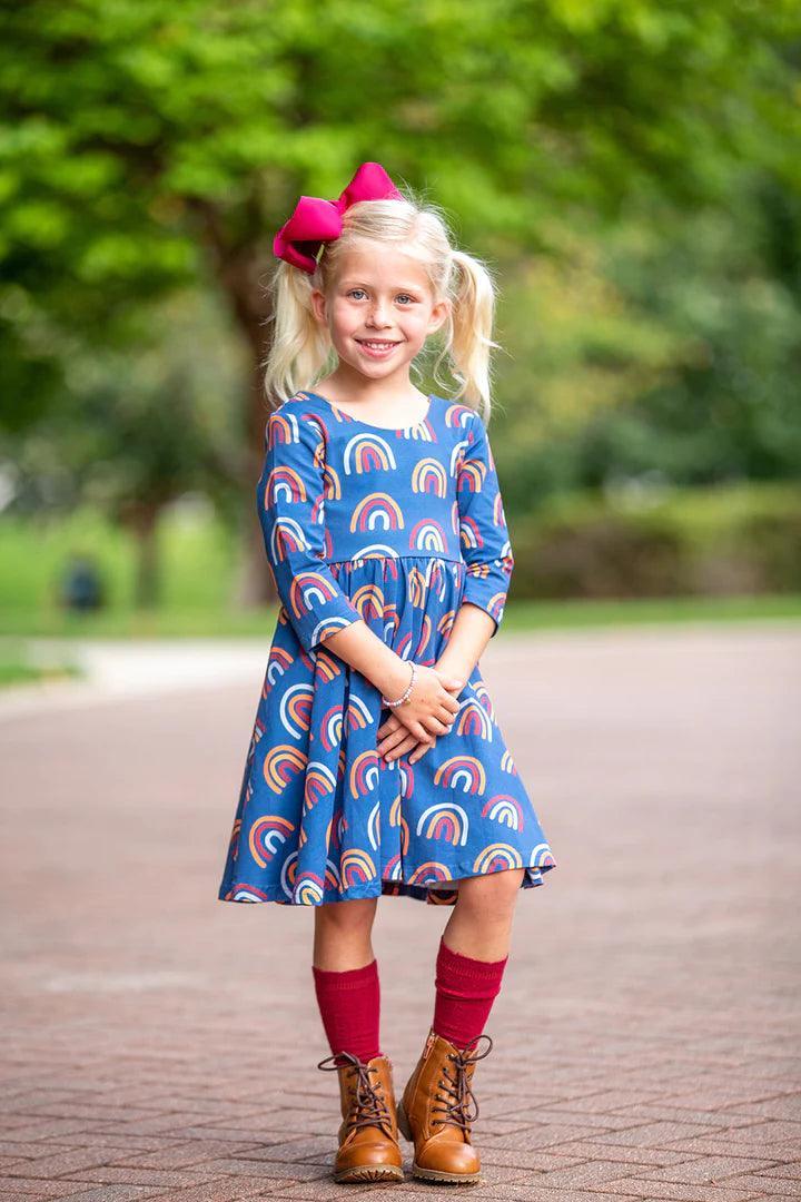 3/4 Sleeve Twirl Dress | Navy Rainbow | Ollie Jay - The Ridge Kids