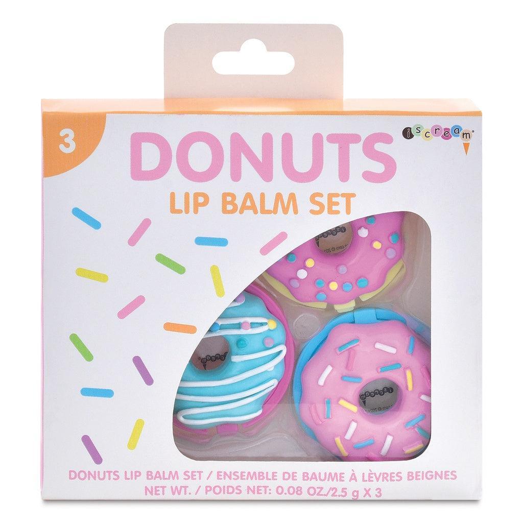lip balm set shaped as donuts with sprinkles on top. 3 lip balms in the package