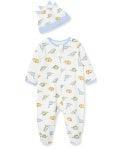 footed onesie with white background and multi colored dinosaurs all over it. comes with matching hat