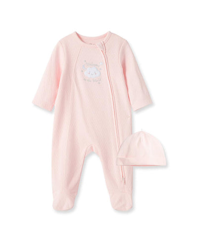 Little Me | 100% Cotton Pink Footed Onesie with Hat Set | Welcome to This World - The Ridge Kids