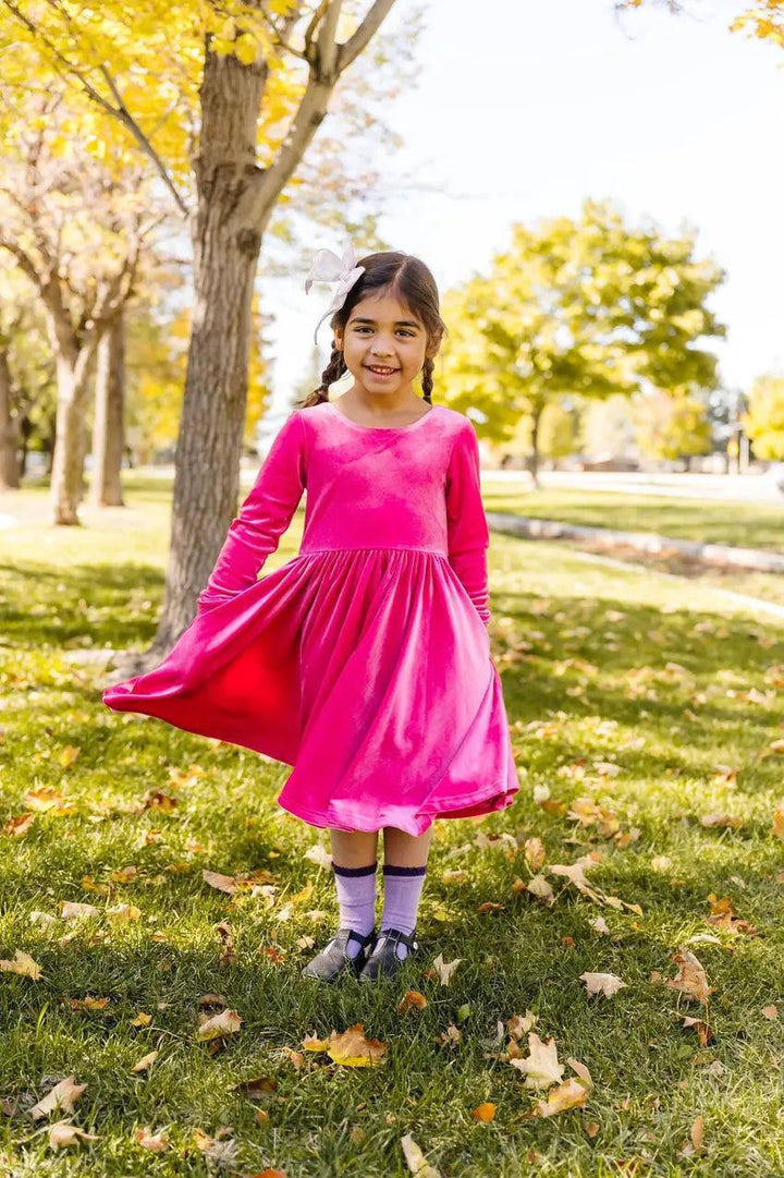 Long Sleeve Dress | Gwendolyn Dress- Hot Pink Velvet | Ollie Jay - The Ridge Kids