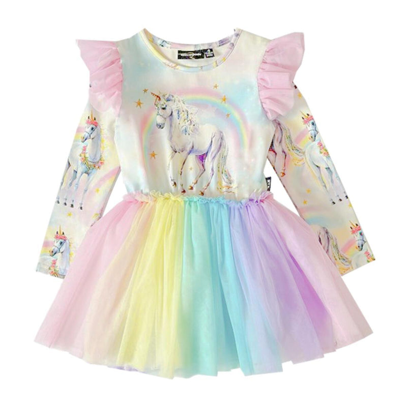 Long Sleeve Dress with Shoulder Frills | Sorbet Unicorn Circus Dress | Rock Your Baby - The Ridge Kids