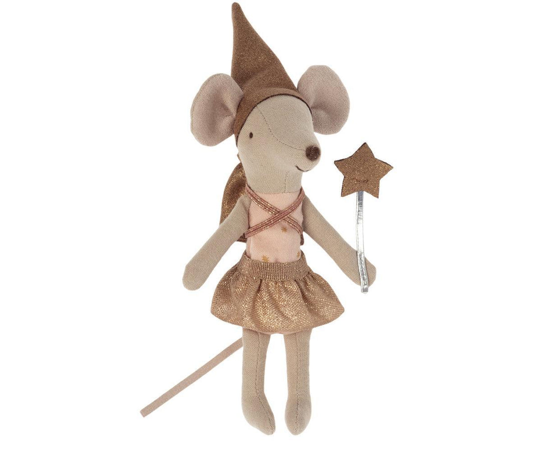 collectible maileg mouse dressed as a tooth fairy with wand and wings and pixie hat. 