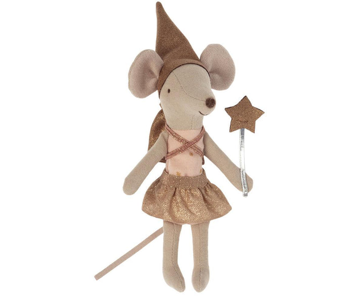 collectible maileg mouse dressed as a tooth fairy with wand and wings and pixie hat. 