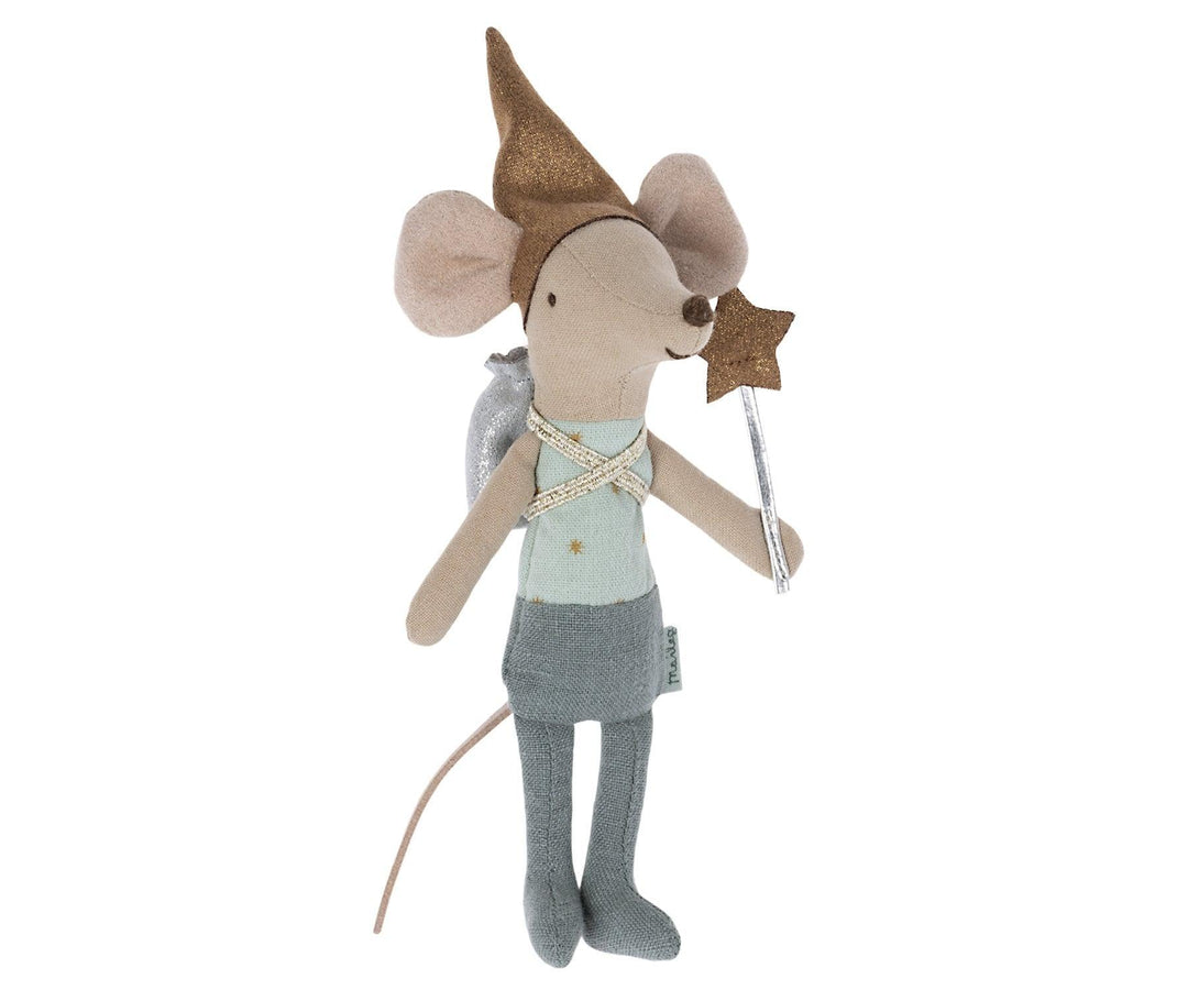 collectible maileg mouse dressed in a blue fairy outfit with wings backpack and wand. 