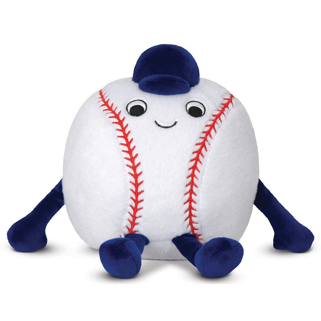Plush toy baseball with a face, blue cap, and legs on a white background