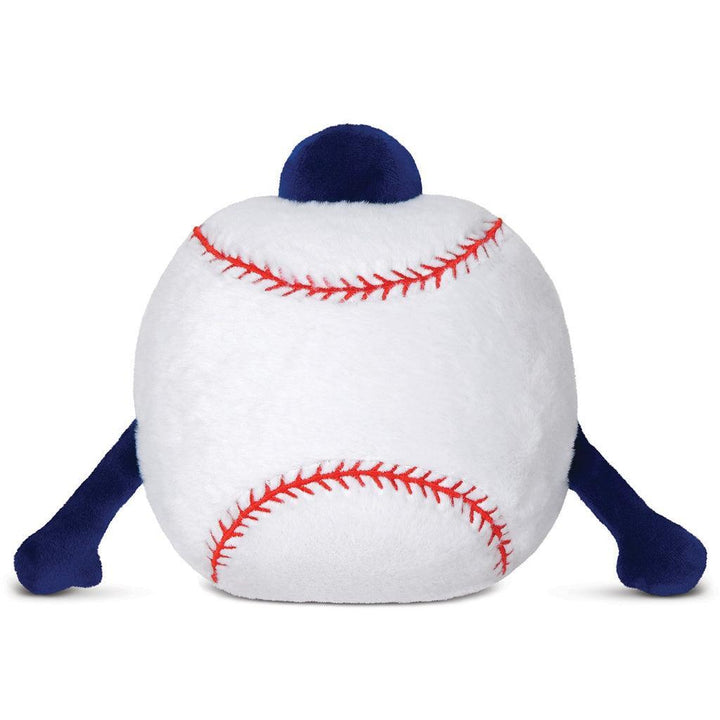 Plush toy shaped like a baseball with blue pants on a white background