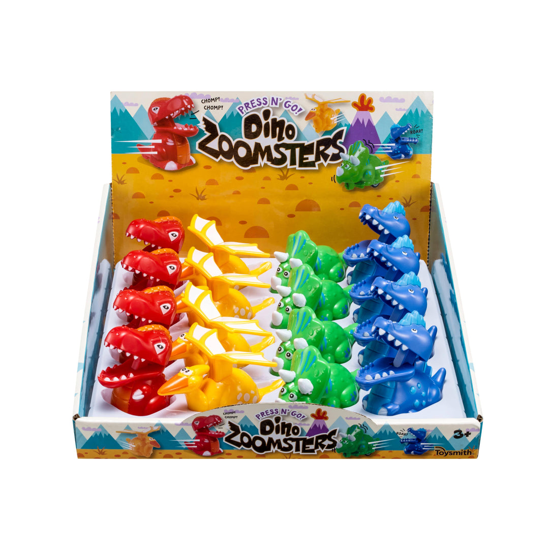 Press and Go Dinosaurs  in 4 colors: blue, green, yellow and red. 