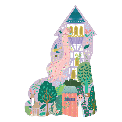 puzzle in the shape of a princess castle. the princess is peeking out the window with her hair flowing out like a Rapunzel. 