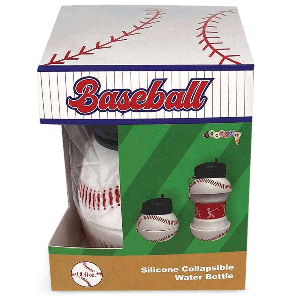 Baseball-themed silicone collapsible water bottle packaging with a baseball design on the box.