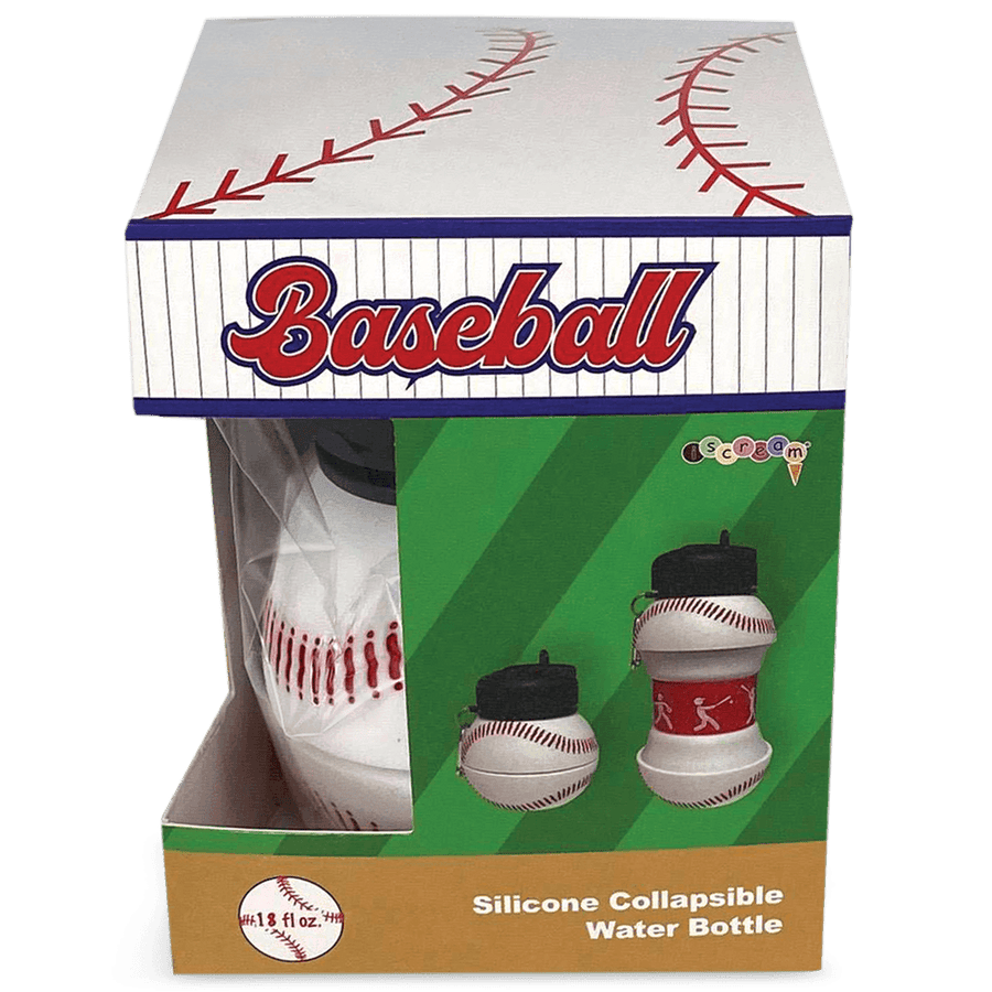 Baseball-themed silicone collapsible water bottle packaging with a baseball design on the box.