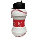 Baseball-shaped water bottle with red and white design on a white background